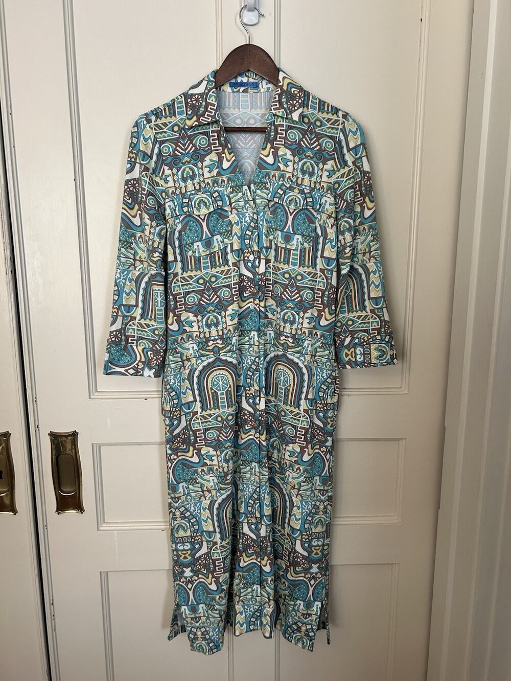 J. McLaughlin Geometric Print Button Front Midi Dress Womens Size Small Blue